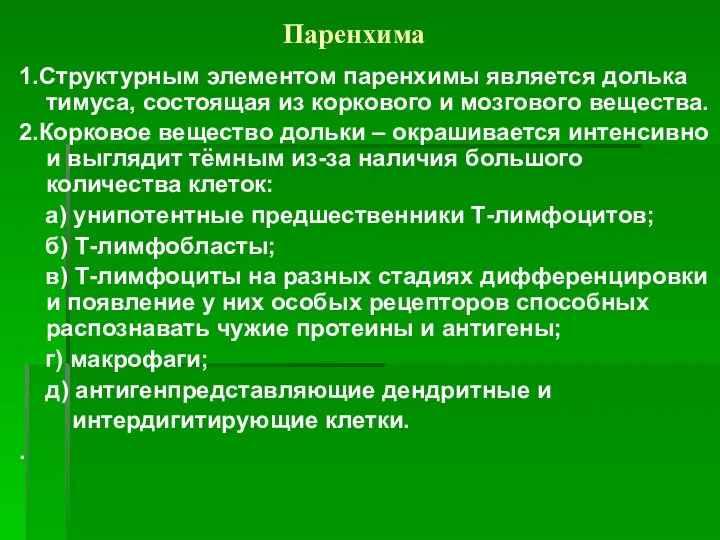 Паренхима 1.Структурным элементом паренхимы является долька тимуса, состоящая из коркового и мозгового вещества.