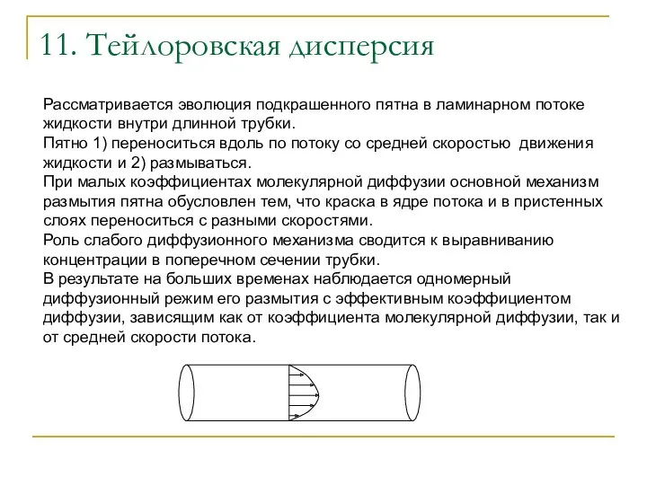 11. Тейлоровская дисперсия Рассматривается эволюция подкрашенного пятна в ламинарном потоке