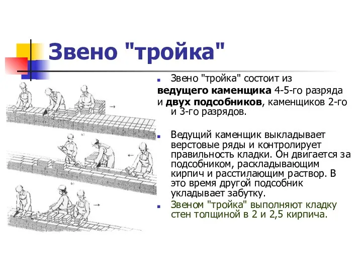 Звено "тройка" Звено "тройка" состоит из ведущего каменщика 4-5-го разряда