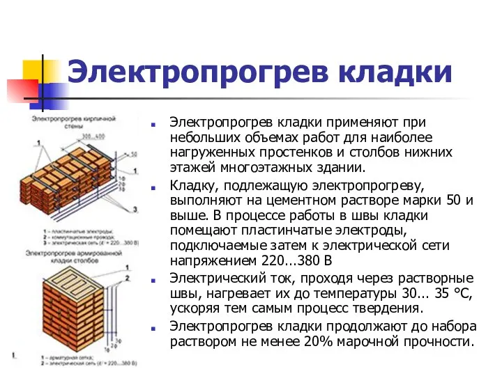 Электропрогрев кладки Электропрогрев кладки применяют при небольших объемах работ для