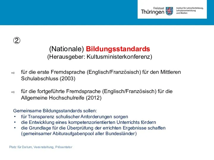 Platz für Datum, Veranstaltung, Präsentator ② (Nationale) Bildungsstandards (Herausgeber: Kultusministerkonferenz)