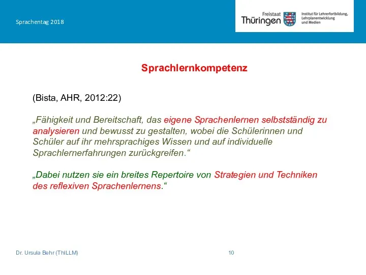 Sprachentag 2018 Sprachlernkompetenz Dr. Ursula Behr (ThILLM) (Bista, AHR, 2012:22)