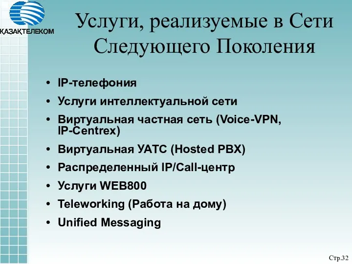 IP-телефония Услуги интеллектуальной сети Виртуальная частная сеть (Voice-VPN, IP-Centrex) Виртуальная