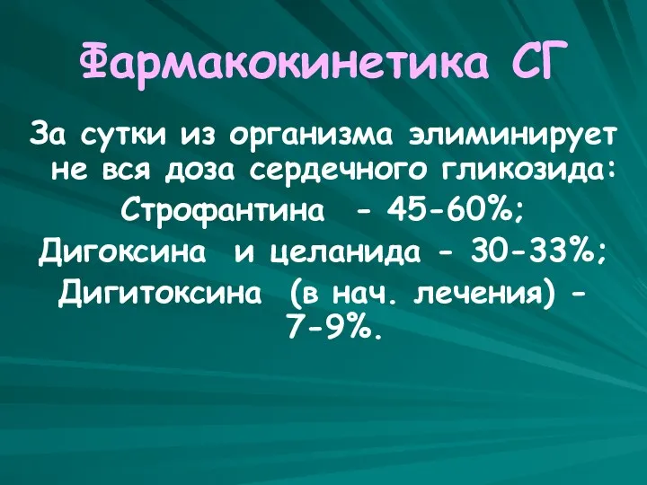 Фармакокинетика СГ За сутки из организма элиминирует не вся доза сердечного гликозида: Строфантина