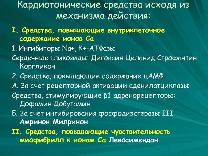 Кардиотонические средства исходя из механизма действия: I. Средства, повышающие внутриклеточное содержание ионов Са