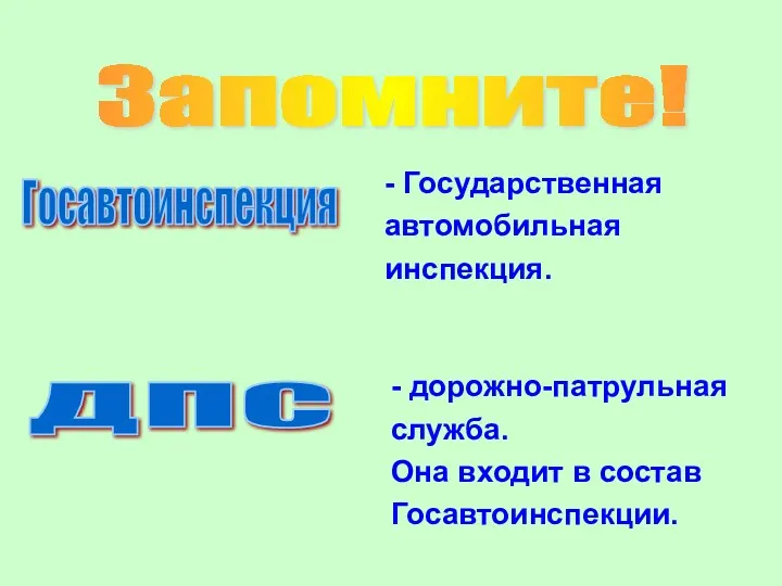 Запомните! Госавтоинспекция ДПС - Государственная автомобильная инспекция. - дорожно-патрульная служба. Она входит в состав Госавтоинспекции.