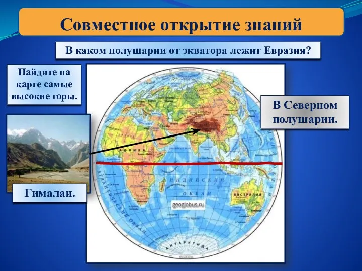Совместное открытие знаний В каком полушарии от экватора лежит Евразия?