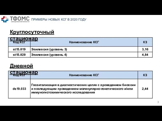 ПРИМЕРЫ НОВЫХ КСГ В 2020 ГОДУ Круглосуточный стационар Дневной стационар