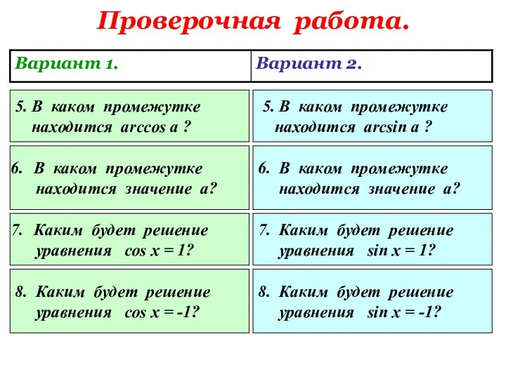 Проверочная работа. 5. В каком промежутке находится arccos a ?