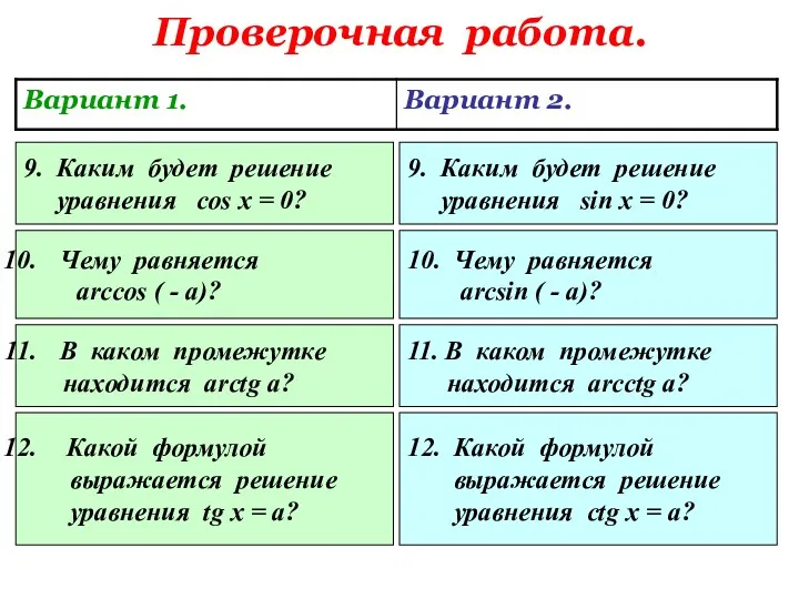 Проверочная работа. 9. Каким будет решение уравнения cos x =