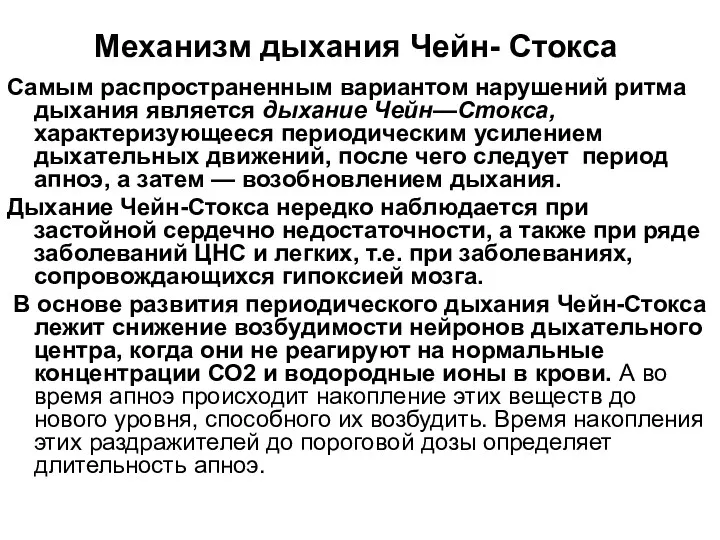 Механизм дыхания Чейн- Стокса Самым распространенным вариантом нарушений ритма дыхания