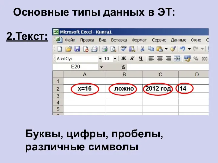 Основные типы данных в ЭТ: 2.Текст: Буквы, цифры, пробелы, различные символы