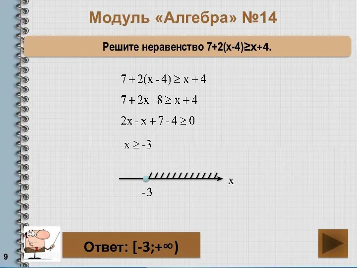 Модуль «Алгебра» №14 Решите неравенство 7+2(х-4)≥х+4. Ответ: [-3;+∞)