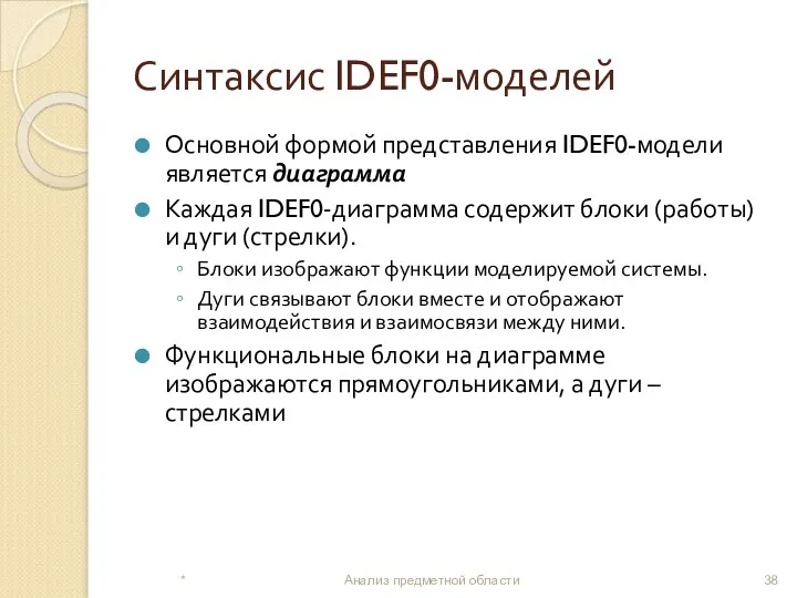 Синтаксис IDEF0-моделей Основной формой представления IDEF0-модели является диаграмма Каждая IDEF0-диаграмма содержит блоки (работы)