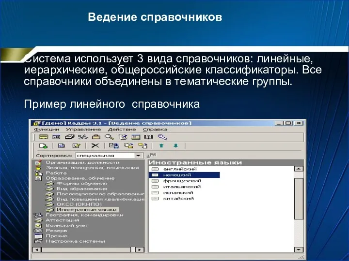 Система использует 3 вида справочников: линейные, иерархические, общероссийские классификаторы. Все