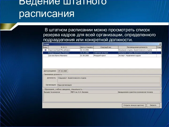 Ведение штатного расписания В штатном расписании можно просмотреть список резерва