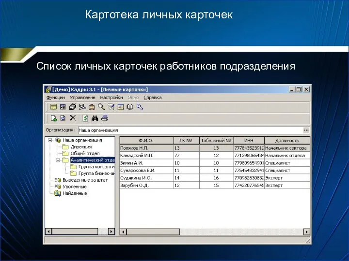 Список личных карточек работников подразделения Картотека личных карточек