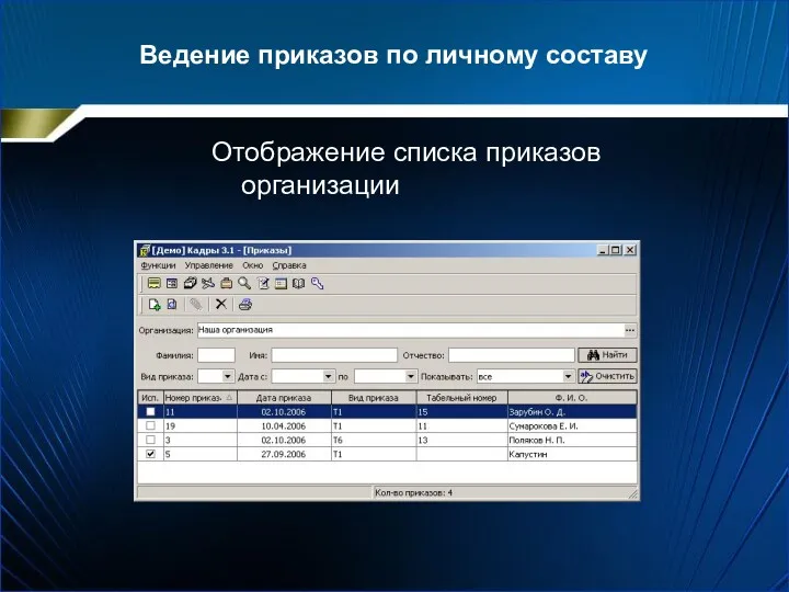 Ведение приказов по личному составу Отображение списка приказов организации