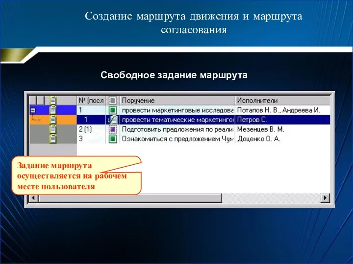 Задание маршрута осуществляется на рабочем месте пользователя Свободное задание маршрута Создание маршрута движения и маршрута согласования