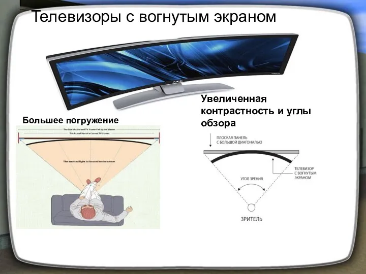 Телевизоры с вогнутым экраном Большее погружение Увеличенная контрастность и углы обзора