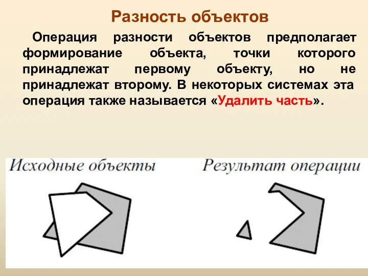 Разность объектов Операция разности объектов предполагает формирование объекта, точки которого