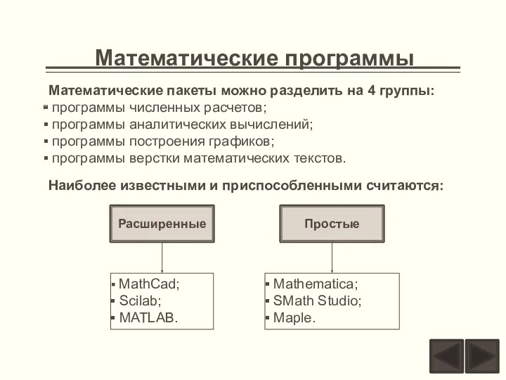 Математические программы Наиболее известными и приспособленными считаются: Математические пакеты можно