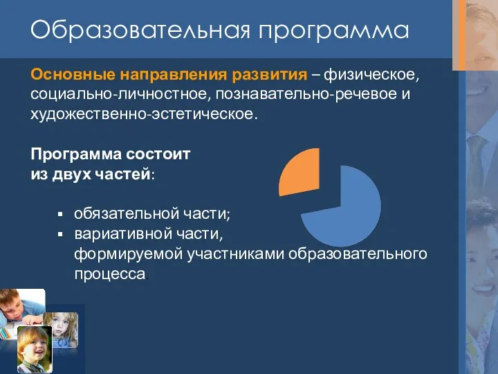 Образовательная программа Основные направления развития – физическое, социально-личностное, познавательно-речевое и художественно-эстетическое. Программа состоит