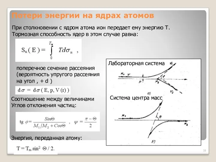 Потери энергии на ядрах атомов При столкновении с ядром атома