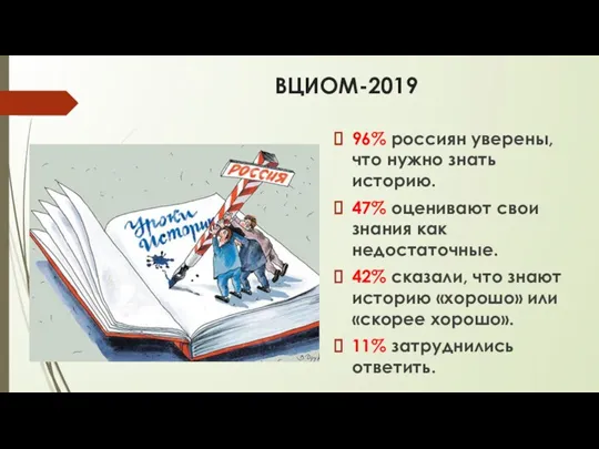 ВЦИОМ-2019 96% россиян уверены, что нужно знать историю. 47% оценивают свои знания как