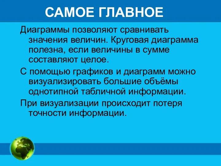 Диаграммы позволяют сравнивать значения величин. Круговая диаграмма полезна, если величины