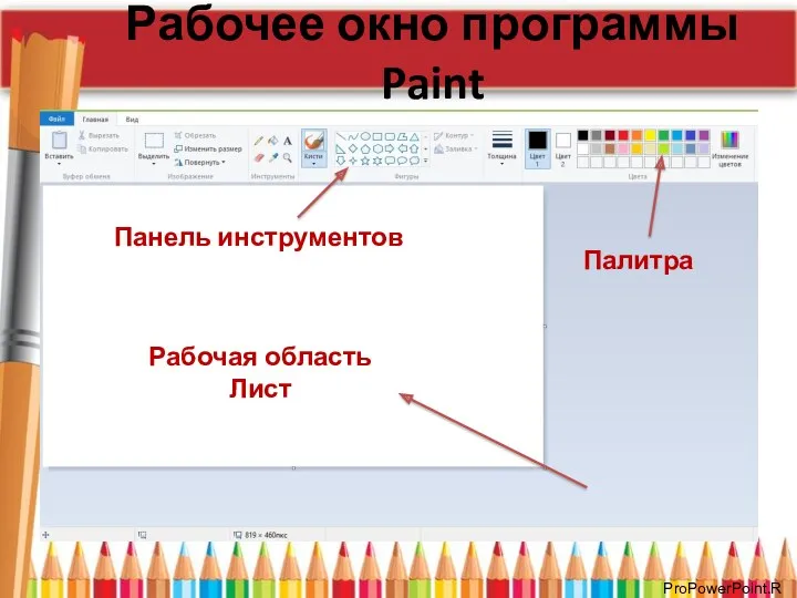 Рабочее окно программы Paint Рабочая область Лист Панель инструментов Палитра