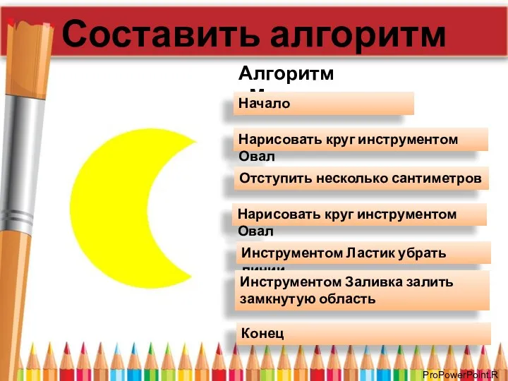 Составить алгоритм Алгоритм «Месяц» Начало Нарисовать круг инструментом Овал Нарисовать