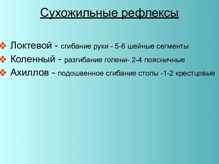 Сухожильные рефлексы Локтевой - сгибание руки - 5-6 шейные сегменты