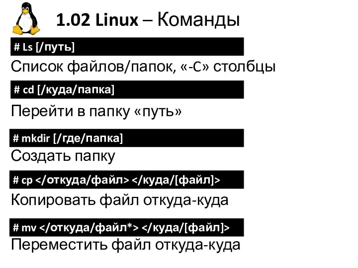 1.02 Linux – Команды Список файлов/папок, «-C» столбцы Перейти в папку «путь» Создать
