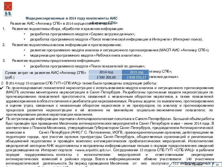 И.А. Громов Модернизированные в 2014 году компоненты АИС «Антинар СПб»