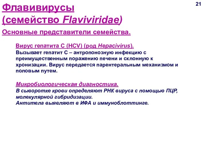 21 Основные представители семейства. Флавивирусы (семейство Flaviviridae) Вирус гепатита С