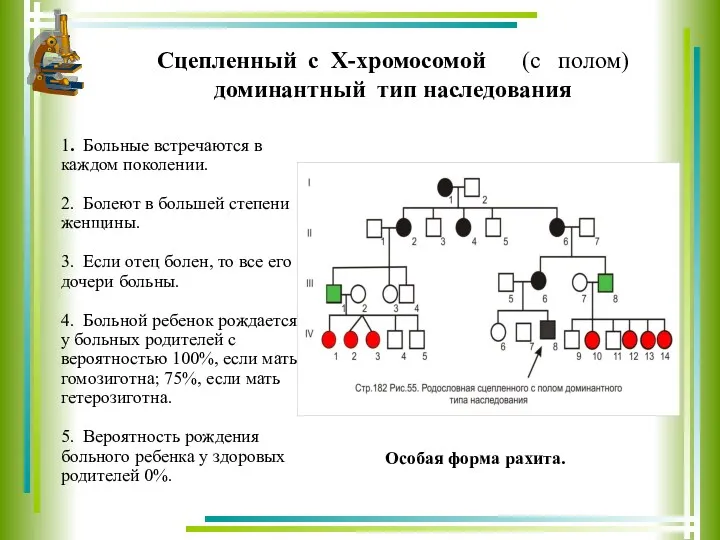 Сцепленный с X-хромосомой (с полом) доминантный тип наследования 1. Больные