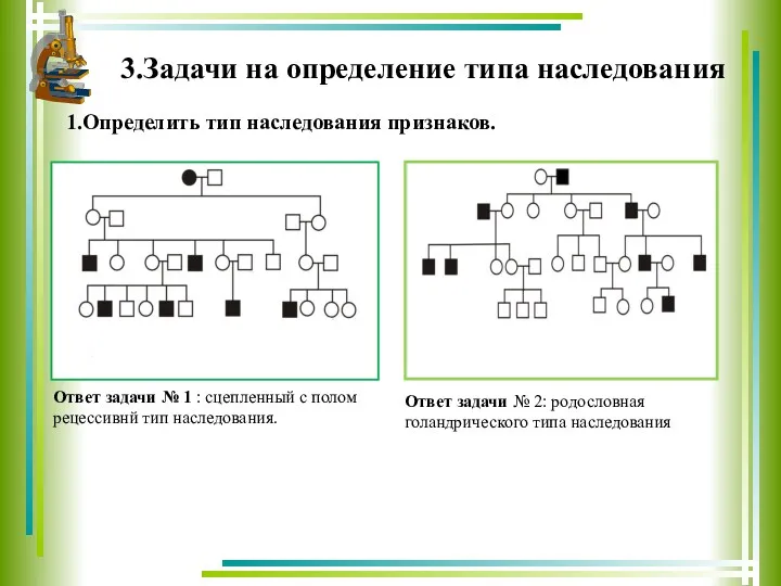 3.Задачи на определение типа наследования 1.Определить тип наследования признаков. Ответ