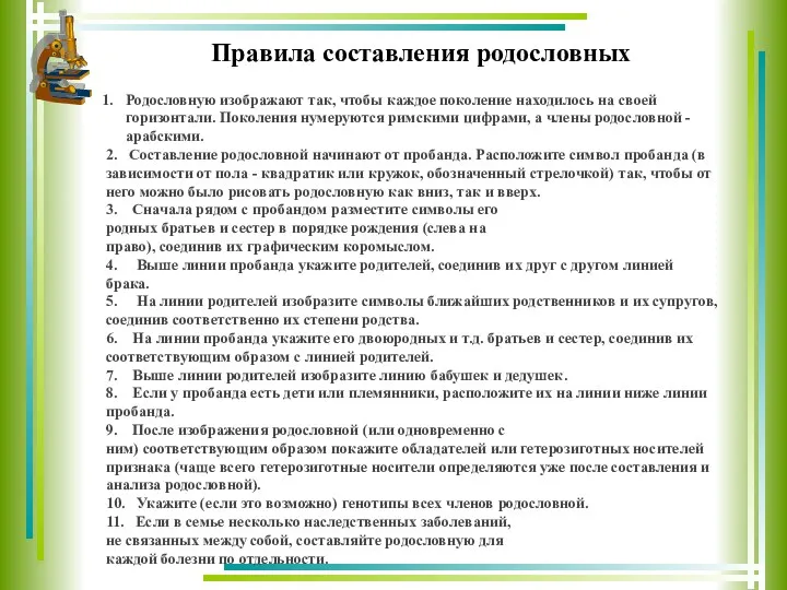 Правила составления родословных Родословную изображают так, чтобы каждое поколение находилось