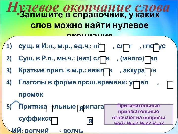 Нулевое окончание слова Запишите в справочник, у каких слов можно