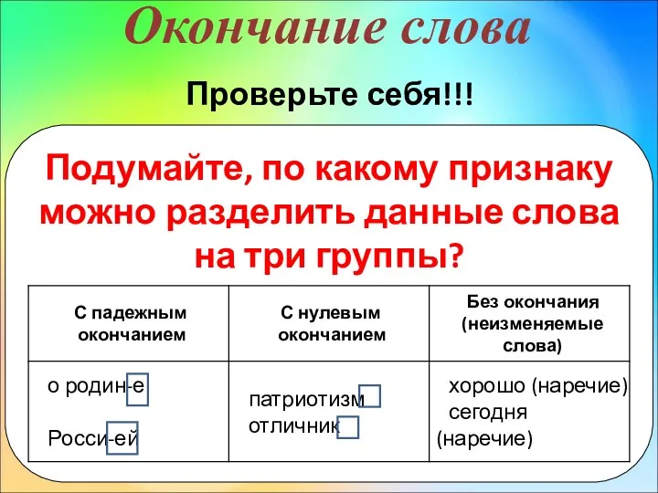 Окончание слова Проверьте себя!!! Подумайте, по какому признаку можно разделить данные слова на три группы?