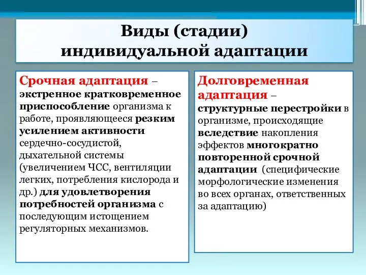 Виды (стадии) индивидуальной адаптации Срочная адаптация – экстренное кратковременное приспособление