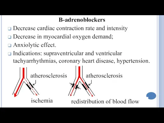 B-adrenoblockers Decrease cardiac contraction rate and intensity Decrease in myocardial