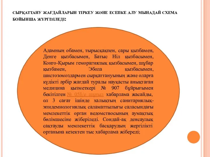 Адамның обамен, тырысқақпен, сары қызбамен, Денге қызбасымен, Батыс Ніл қызбасымен, Конго-Қырым геморагиялық қызбасымен,