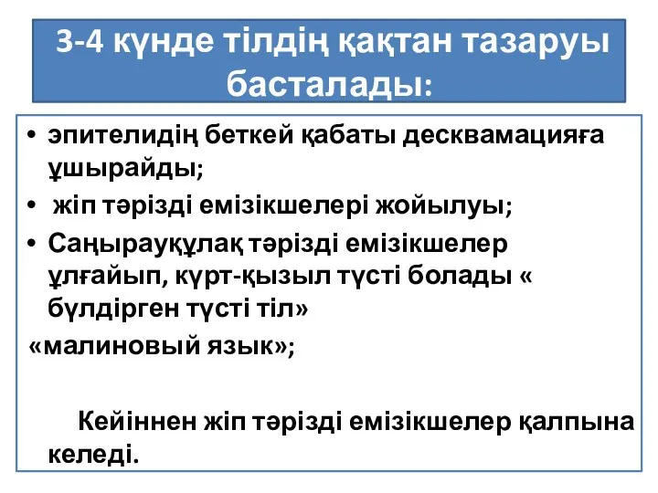 3-4 күнде тілдің қақтан тазаруы басталады: эпителидің беткей қабаты десквамацияға