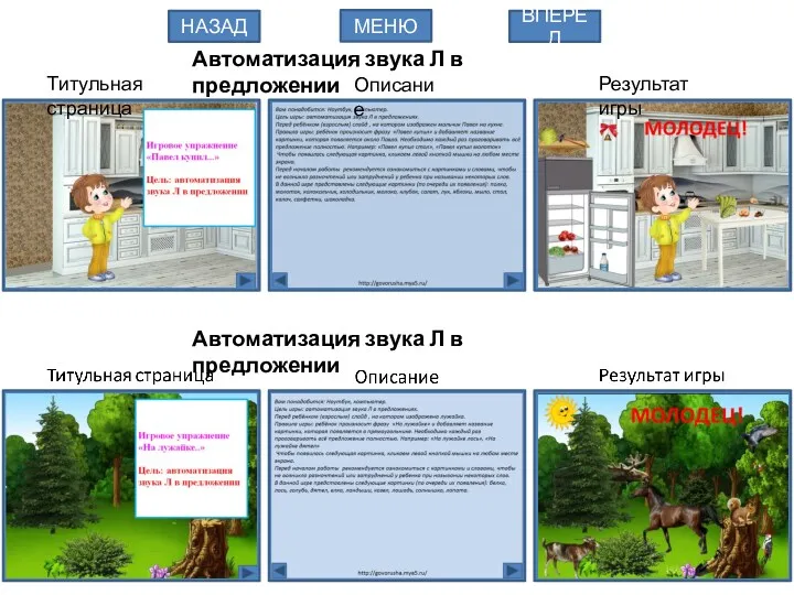 МЕНЮ НАЗАД ВПЕРЕД Титульная страница Описание Результат игры Автоматизация звука