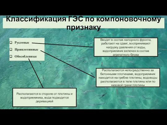 Классификация ГЭС по компоновочному признаку Русловые Приплотинные Обособленные Входят в