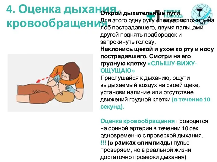 4. Оценка дыхания, кровообращения Открой дыхательные пути. Для этого одну