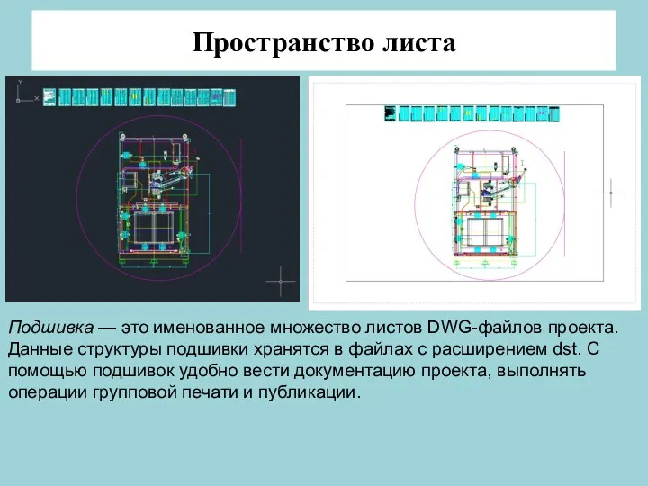 Пространство листа Подшивка — это именованное множество листов DWG-файлов проекта.