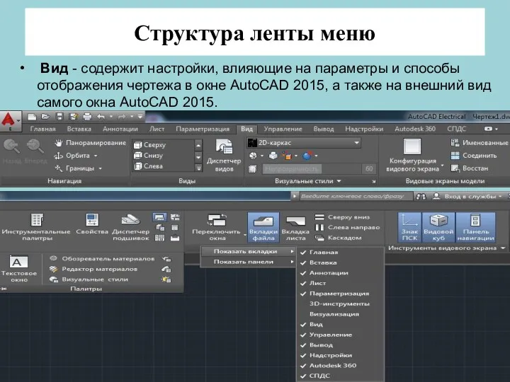 Структура ленты меню Вид - содержит настройки, влияющие на параметры